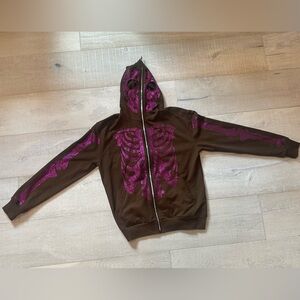 Rhinestone Purple and Brown Skull Streetwear Zip Up Hoodie